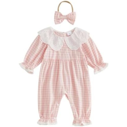 Socutebabe Baby Girl Fall Romper Long Sleeve Plaid Jumpsuit Headband 0-18M