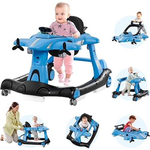 Xilingol 6-in-1 Baby Walker with Wheels, Adjustable Height & Speed Activity Walker with Padded Seat, Foldable Walker for Babies, Toddler Push Walkers for Boy & Girl 6-18 Months, Music & Light