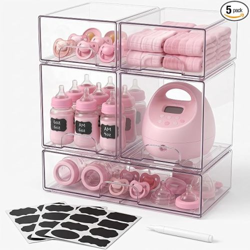 5in1 Baby Bottle Organizer with Labels, Drawer Storage Station for Pump Parts, Clear Stackable Drawers for Countertop, Small Bins Cabinet for Nursery, Pacifiers, Breastmilk, Container