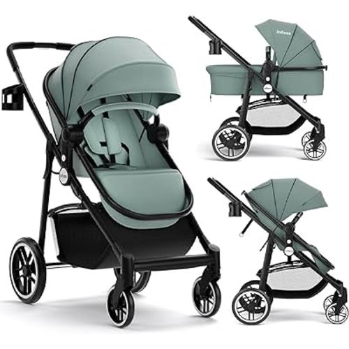 INFANS 2 in 1 Baby Stroller, High Landscape Infant Stroller & Reversible Bassinet Pram, Foldable Pushchair with Adjustable Canopy, Cup Holder, Storage Basket, Suspension Wheels (Green)