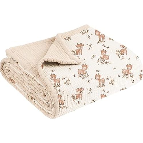 Konssy Muslin Baby Blanket for Girls and Boys, 100% Cotton Soft Toddler Blanket, Reversible Newborn Swaddle Blankets, Breathable and Lightweight Crib Blankets for All Reason, 43"x40" (Deer)