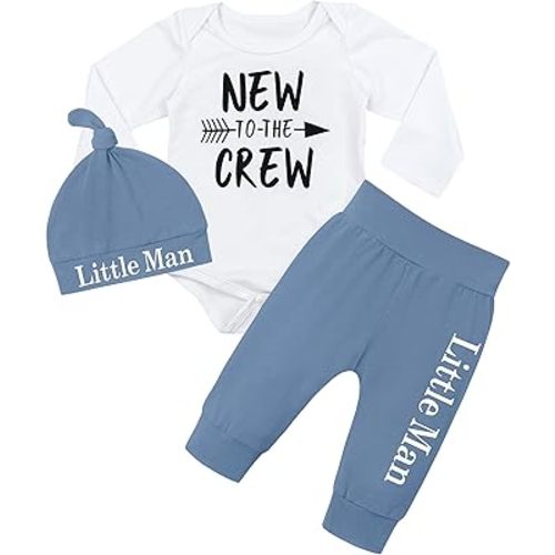Fommy Newborn Baby Boy Clothes New to The Crew Letter Print Romper+ Pants+Hat 3PCS Outfit