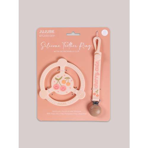 JuJuBe x Studio Oh! Silicone Teether Ring & Detachable Clip - Cherry Cute by Doodle By Meg