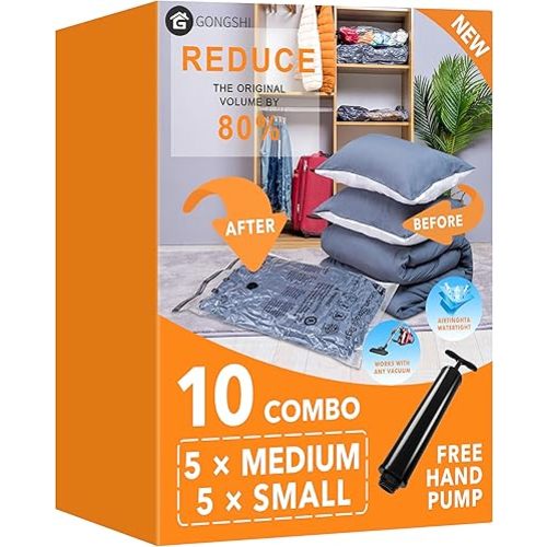 Vacuum Storage Bags (5 x Medium, 5 x Small), Space Saver Sealer Compression Bags with Travel Hand Pump for Blankets, Comforters, Pillows, Clothes Storage