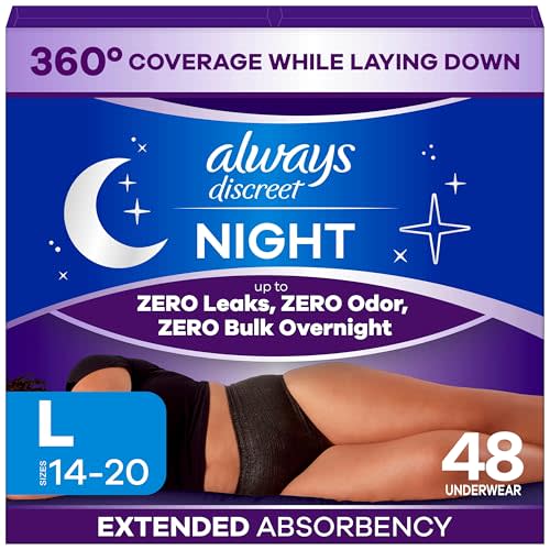Always Discreet Night, Reimagined Adult Diapers for Women, Extended Overnight Absorbency Incontinence and Postpartum Underwear Size L, 360 Degree Coverage While Laying Down, 48 Count