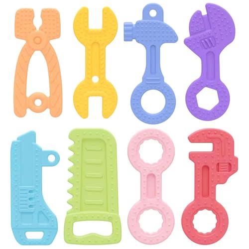 Fu Store 8 Pack Soft Silicone Teething Toys for 0-12Months 6-24 Months Toddlers Infant Hammer Tools Shape Baby Teethers Relief Soothe Babies Gums Set