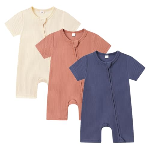 Bafeicao Baby Boy Girl 3 Pack Short Sleeve Rompers | 2 Way Zipper, Ribbed Cotton, Solid, Soft, Unisex, Summer, One Piece Jumpsuits Clothes