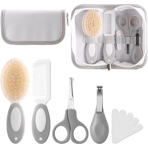 Baby Grooming Kit with Storage Pouch Baby Brush Soft Bristles 5 pcs-Infant Brush, Rounded Comb, Safety Scissors, Nail Clippers & Emery Board -Health Care Kit for Newborns & Toddlers Gray