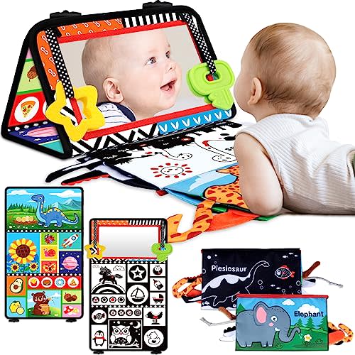 Aboosam Tummy Time Baby Mirror Toys 0-6 6-12 Months - Montessori Infant Toys Brain Development with Crinkle Cloth Book and Teether - High Contrast Newborn Sensory Toys for Babies Boys Girls Gifts