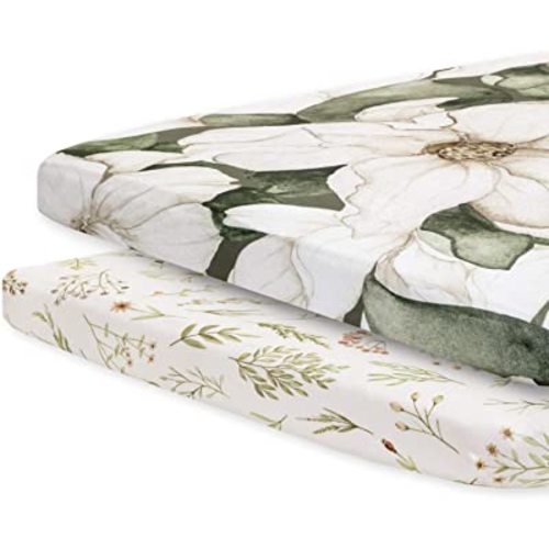 Pobibaby - 2 Pack Premium Pack N Play Sheets Fitted for Standard Pack and Plays and Mini Cribs - Ultra-Soft Cotton Blend, Stylish Floral Pattern, Safe and Snug for Baby (Zephyr)