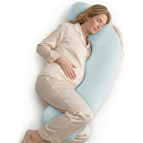 Momcozy Pregnancy Pillows for Side Sleeping, J Shaped Maternity Body Pillow for Pregnancy, Soft Pregnancy Pillow with Cotton Cover for Head Neck Belly Support, Blue
