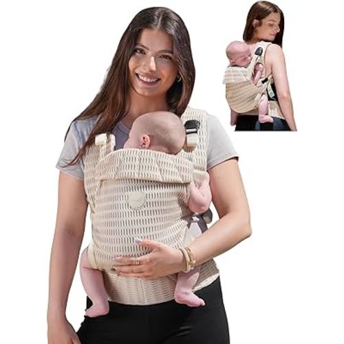 Grownsy Baby Carrier Newborn to Toddler (7-44lbs), Ergonomic & Cozy Wraps with One-Click Buckle, Mesh & Head Support for Hands-Free Comfort, Almond Beige