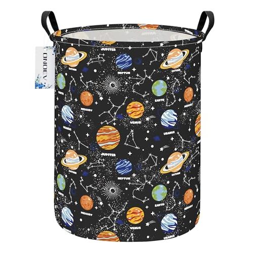 Kids Laundry Hamper, Large Collapsible Round Solar System Space Themed Laundry Basket, Waterproof Fabric Planets Organizer with Handles for Boys Bedroom Nursery Playroom