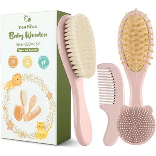 Yoofoss 4 Piece Baby Hair Brush and Comb Set,Wooden Baby Hair Brush with Natural Ultra Soft Goat Hair, Baby Comb Set for Boy, Girl - Pink