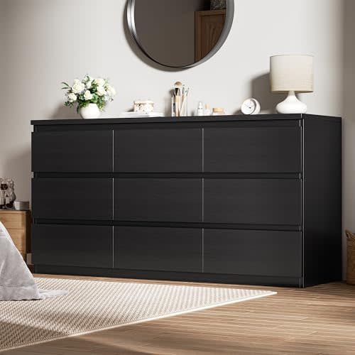 Black 9 Drawer Dresser for Bedroom,Modern Wood Dressers & Chest of Drawers with No-Handle Design, Long Dressers for Closet Living Room,Nursery,Hallway (59.06 * 32.28 * 14.57 in)