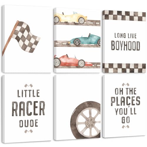 Pennclys Race Car Wall Art Boys Room Canvas Wall Decor Vintage Nursery Wall Art Vehicle Prints Kids Toddler Poster Retro Car Pictures for Boys Bedroom Playroom 8x10x6 Inch Ready to Hang