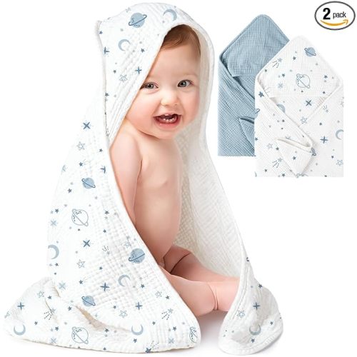 Konssy 2-Pack Muslin Hooded Baby Towels, 100% Cotton, Ultra-Soft & Absorbent Baby Bath Towels with Hood for Newborn & Infant (Blue, Star,32" x 32")
