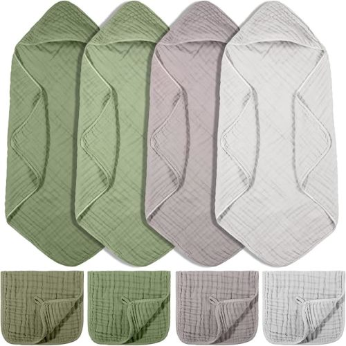 8 Pcs Baby Muslin Hooded Towels Washcloths, Morandi Color