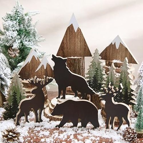 10 Pcs Cabin Shelf Decor Wooden Forest Animals Bear Mountain Pine Tree Sign Rustic Woodland Decor for Cabin Farmhouse Table Centerpiece Home Office Decoration