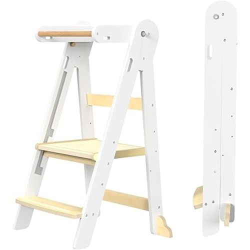 Grownsy Foldable Step Stool Toddler Tower, Toddler Kitchen Stool Helper, Collapsible Kids Standing Tower with 3 Adjustable Heights for Kitchen Bathroom Sink Counter (White)