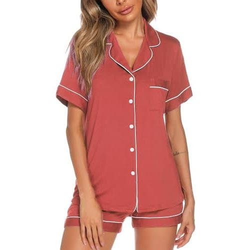 Aamikast Button Up Pajama Set for Women Shorts Short Sleeve Knit Sleepwear 2 Pice Pjs Sets