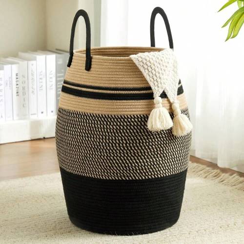 1pc Return Bohemian Black & Beige Woven Storage Basket, Cotton Rope Laundry Hamper With Handles, Large Decorative Organizer For Blankets, Toys & Clothes, Rustic Farmhouse Home Decor Essential Vacation Essentials Travel Essential | SHEIN USA