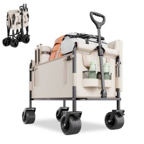 Collapsible Folding Wagon Cart with 550lb Capacity, 2-in-1 Convertible Bench for Camping and Beach