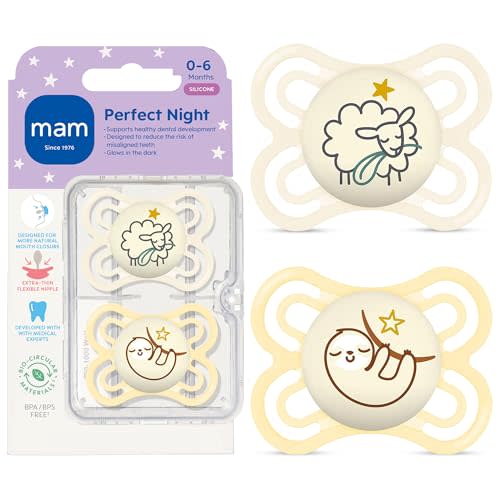 MAM Perfect Baby Premium Pacifier 0-6 Months, Extra Thin Nipple, Developed with Orthodontists, Clinically Proven, Glows in The Dark, BPA-Free Silicone, 2 Pack, Made in Europe