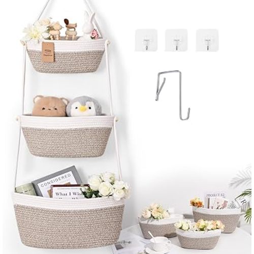 Hanging Basket, 3-Tier Woven Wall Basket with 4 Hooks, Cotton Rope Storage Baskets, Over the Door Organizer for Nursery, Bedroom, Cottage and Boho Wall Decor