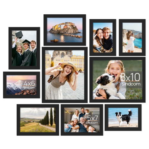 Sindcom 10 Pack Collage Picture Frame, Gallery Wall Frame Set for Wall or Tabletop Display, Black Photo Frame, Multi Sizes Fits Two 8x10, Four 5x7, and Four 4x6 Photo