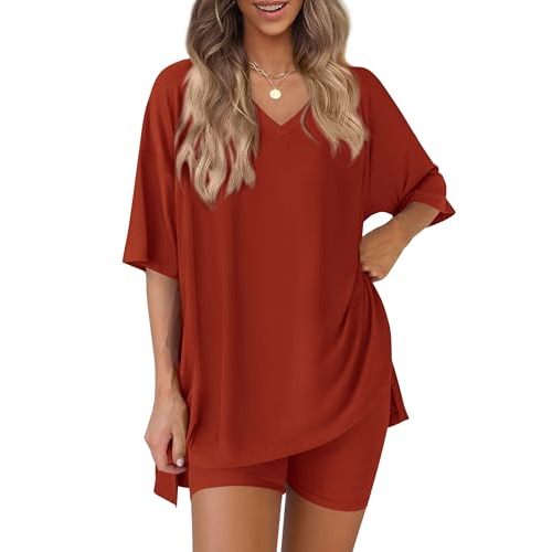PRETTYGARDEN 2 Piece Sets for Women Summer 2026 Lounge Short Set Spring Matching Biker Shorts V Neck Oversized Shirt Clothing