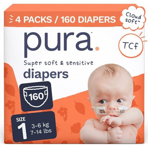 Pura Baby Diapers Size 1-160 Count, 7-14lbs, 12hr Leak Protection, Gentle Newborn Diapers, Hypoallergenic & Sensitive Baby Skin, Toxin-Free*, Blowout Blocker™, Wetness Indicator