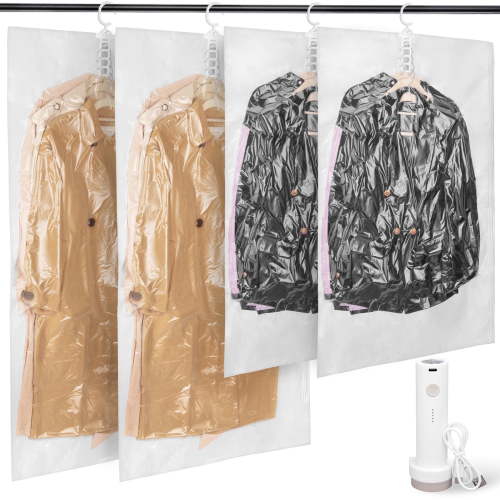 Hanging Vacuum Storage Bag with Electric Pump, 4PCS (2 Jumbo/2 Large) Space Saver Bags Closet Organizer, Vacuum Garment Bag for Hanging Clothes to Reduce Wrinkles for Suits, Jackets and Bedding