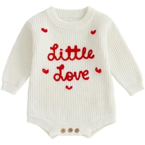 Lesimsam Newborn Baby Boy Girl Valentines Day Outfit Oversized Embroidery Long Sleeve Knit Sweater Bubble Romper Bodysuit
