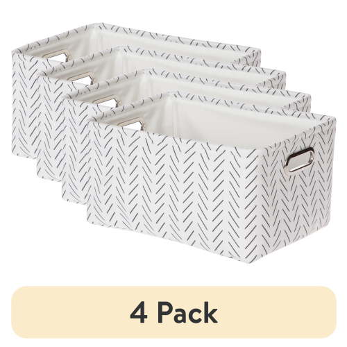 (4 pack) Mainstays Black and White Lines Canvas Fabric Decorative Storage Basket with Handles, 15 in x 8 in x 11 in