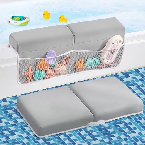Bath Kneeler and Elbow Rest Pad Set, Thick Soft Quick Dry Bathtub Mat for Baby Bathing Time, Memory Foam With Toys Organizer, Gifts for Parents, Grey