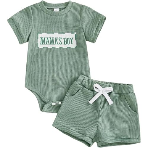 Douhoow Baby Boy Summer Outfits Short Sleeve Mamas Boy Little Dude Embroidery Boy Romper Shorts Set Infant Waffle Clothes- 0-3M