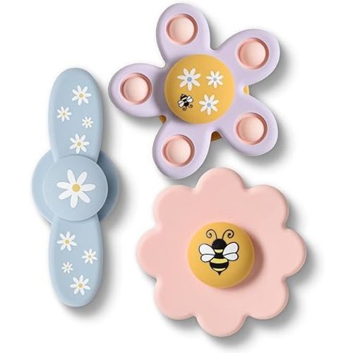 SILI FACTORY Silicone Suction Cup Spinner Toy for Babies&Toddlers – Food-Grade Safe & Fun Sensory Toy for Teething & Play – Perfect Baby Bath, High Chair & Travel Toy (Pink+Purple+Blue-Bee Flower)