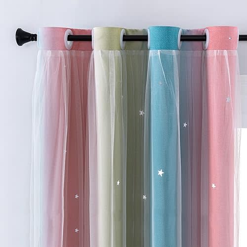XiDi Curtains for Bedroom Decor, Rainbow Pink-Blue-34-54