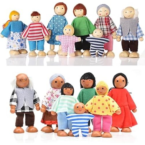 Jzszera 15 Pcs Wooden Dollhouse People with Movable Limbs, Doll House Family Figures for Educational Pretend Play