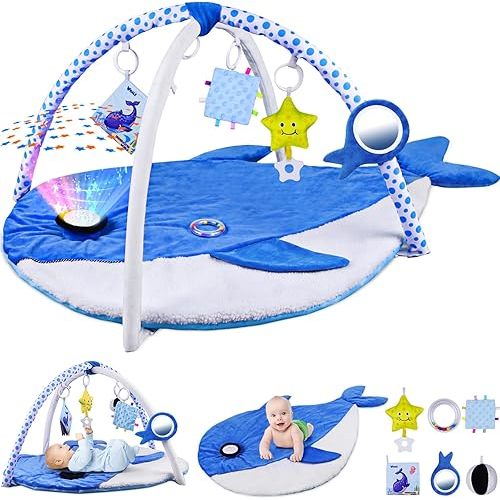 Baby Play Gym & Activity Mat,Oversize Whale Shaped Baby Play Mat w 6 Detachable Toys,Tummy Time Mat Promote Motor Skills & Sensory Development Mat, Newborn Infant Baby Essentials Gift
