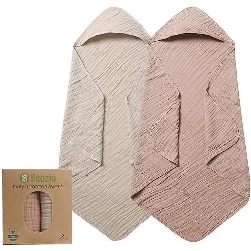Muslin Hooded Baby Towels, 2 Pack 100% Cotton 32x32Inch Baby Bath Towel with Hood for Babies, Infant, Toddler, Soft and Absorbent Newborn Essential. (Light Bean Paste)