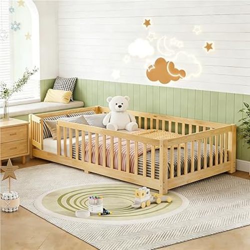 Bellemave Twin Size Floor Bed Frame with Slats and Fence for Kids,Solid Wood Montessori Floor Bed with Door and Safety Guardrails for Girls Boys, Natural
