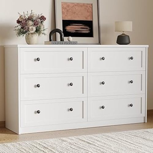 White Dresser, 55" Modern 6 Drawer Double Dresser for Bedroom with Black Knobs, Adults & Kids Wide Dressers & Chests of Drawers for Hallway, Entryway