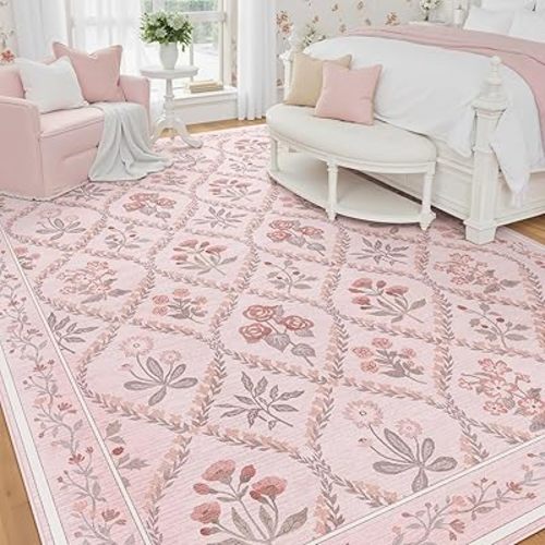 Pink Rug for Living Room 8x10, Soft Large Washable Area Rugs for Bedroom Girls, Boho Cute Floral Indoor Decor Non Slip Low Pile Carpet for Nursery Girls Room Kids Playroom