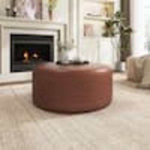 CHRISTOPHER KNIGHT HOME Cesar Light Brown Modern Upholstered Faux Leather Round Accent Ottoman 135156