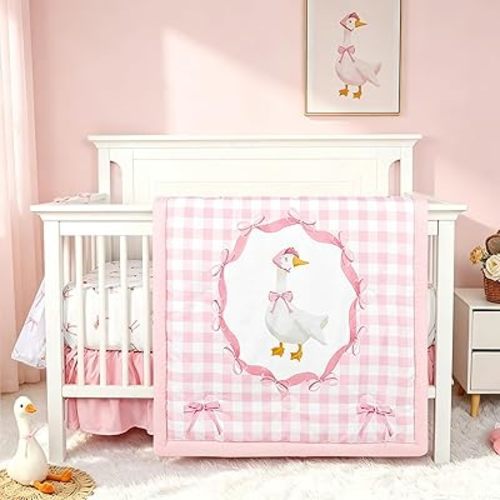 Baby Crib Bedding Set for Girls, 4 Pcs Pink Gingham Baby Gril Crib Comforter Sets Include Crib Skirt, Comforter, Fitted Sheet, Diaper Stacker, (Cute Duck & Bow)
