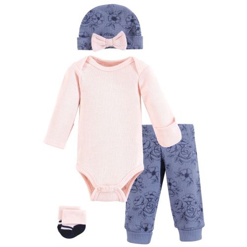 Hudson Baby Girls Thermal Preemie Layette Set 4pc Long Sleeve Outfit, Navy Toile, Preemie