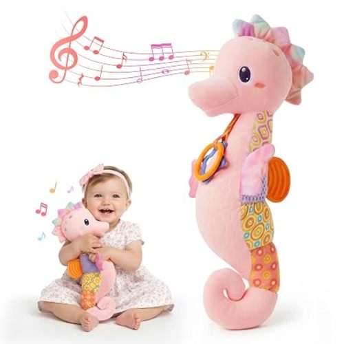 Baby Toys 0-6 Months,Infant Musical Seahorse Stuffed Animals Sensory Toys with Bright Colors,Multiple Textures,Rattles & Crinkle Sound Paper,Soft Tummy Time Toy for Newborn Boys Girls 0-12 Months-Blue