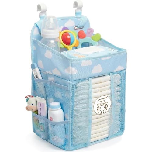 CHILDLIKE BEHAVIOR Nursery Diaper Organizer - Blue Fabric Hanging Diaper Caddy with Adjustable Buckle Straps - Ultra Large Capacity - 38x20x42 cm